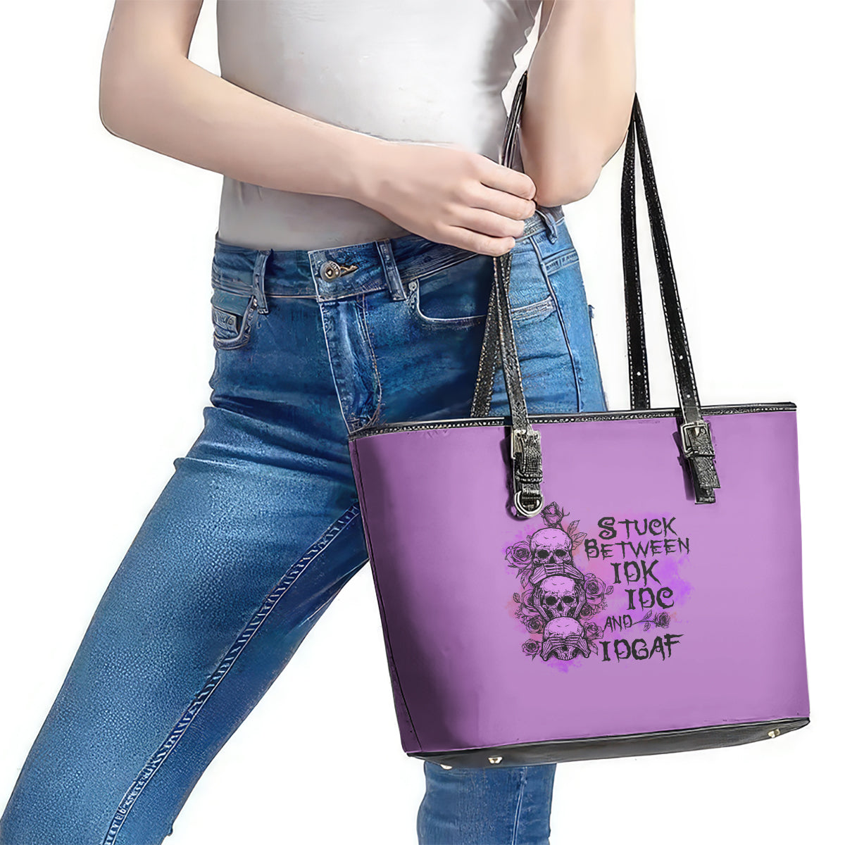 Stuck Between Idk Idc And Idgaf Leather Tote Bag - Wonder Print Shop