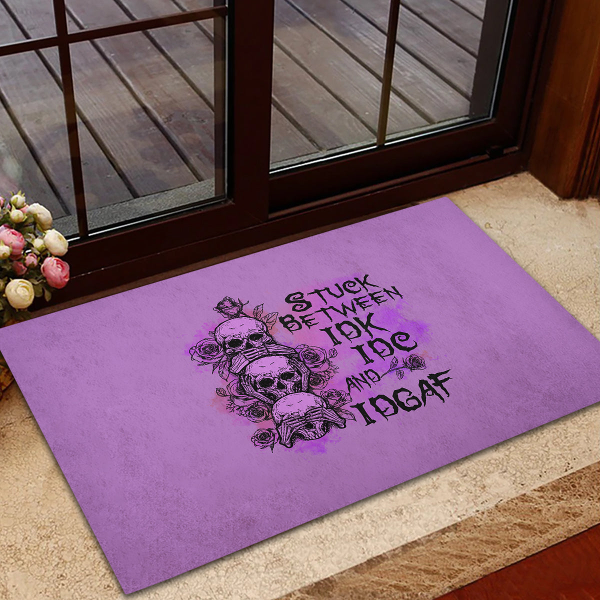 Stuck Between Idk Idc And Idgaf Rubber Doormat - Wonder Print Shop
