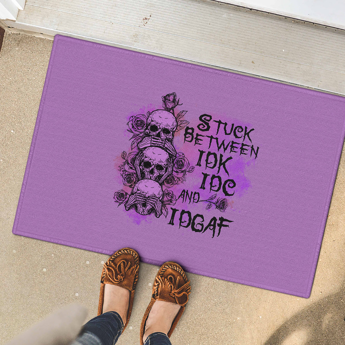 Stuck Between Idk Idc And Idgaf Rubber Doormat - Wonder Print Shop