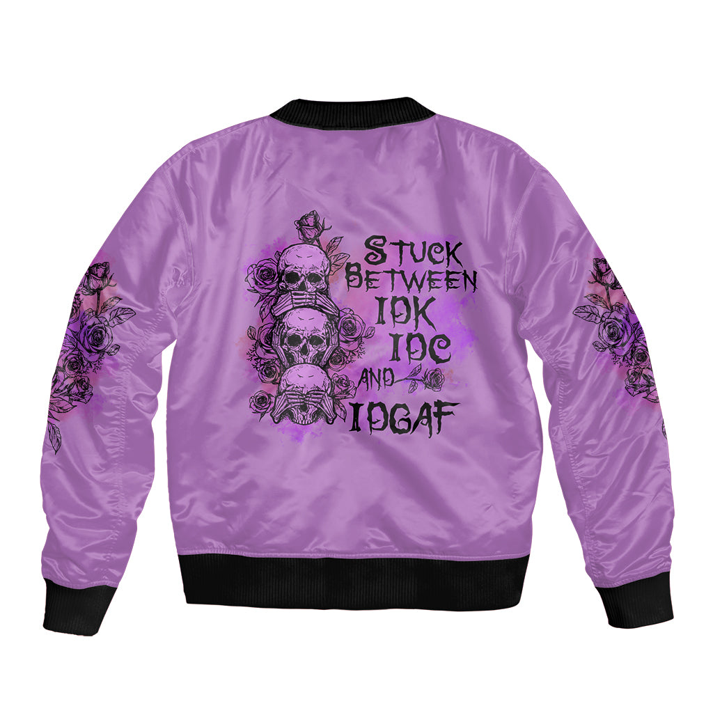 Stuck Between Idk Idc And Idgaf Sleeve Zip Bomber Jacket - Wonder Print Shop