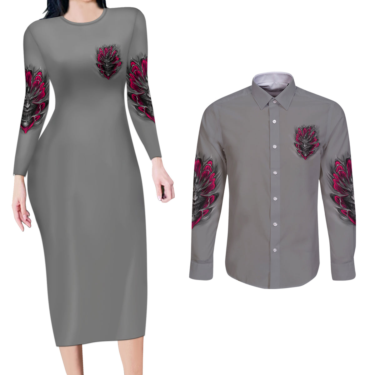 I'm Never Alone Skull Demon Couples Matching Long Sleeve Bodycon Dress and Long Sleeve Button Shirt - Wonder Print Shop