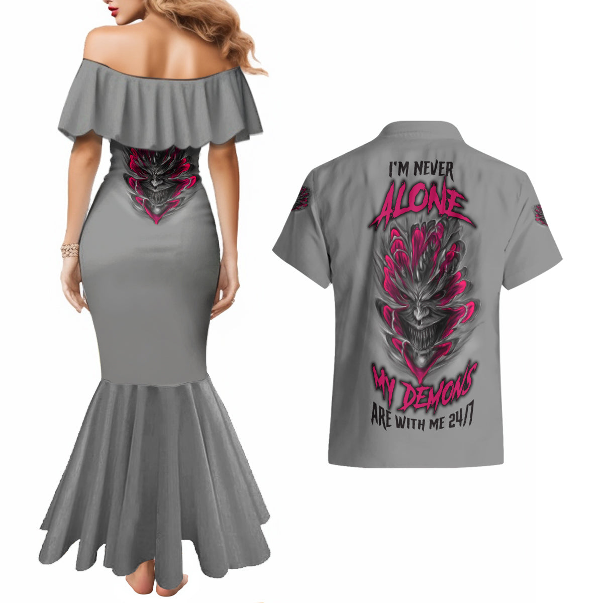 I'm Never Alone Skull Demon Couples Matching Mermaid Dress and Hawaiian Shirt - Wonder Print Shop