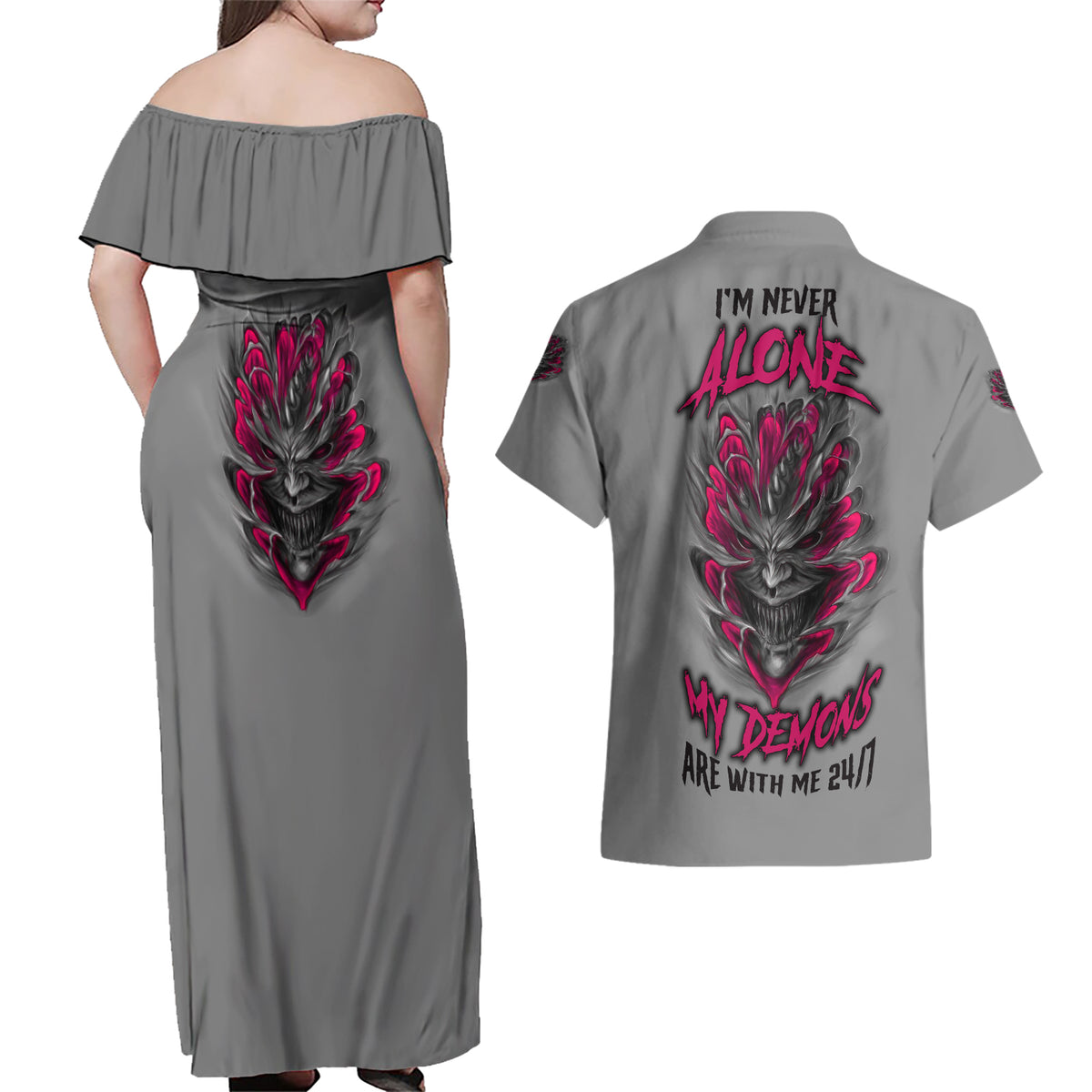 I'm Never Alone Skull Demon Couples Matching Off Shoulder Maxi Dress and Hawaiian Shirt - Wonder Print Shop