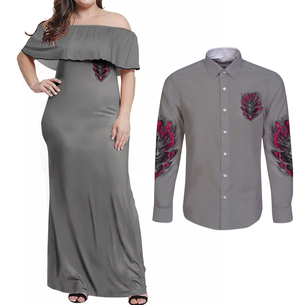 I'm Never Alone Skull Demon Couples Matching Off Shoulder Maxi Dress and Long Sleeve Button Shirt - Wonder Print Shop