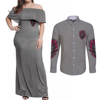 I'm Never Alone Skull Demon Couples Matching Off Shoulder Maxi Dress and Long Sleeve Button Shirt - Wonder Print Shop