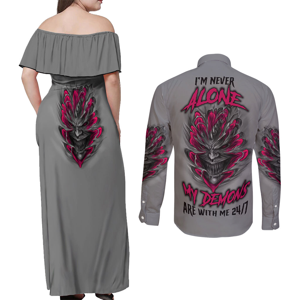I'm Never Alone Skull Demon Couples Matching Off Shoulder Maxi Dress and Long Sleeve Button Shirt - Wonder Print Shop