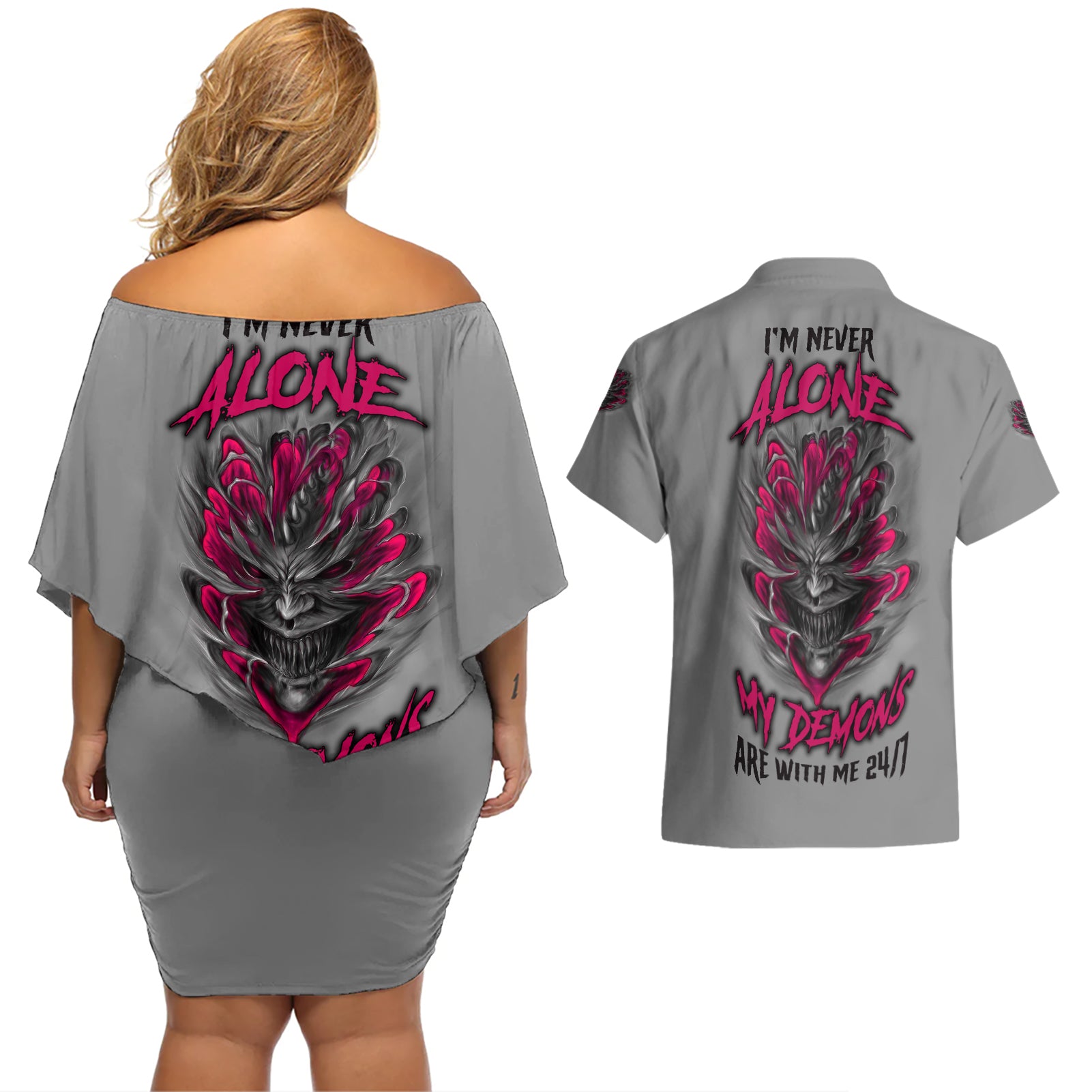 I'm Never Alone Skull Demon Couples Matching Off Shoulder Short Dress and Hawaiian Shirt - Wonder Print Shop
