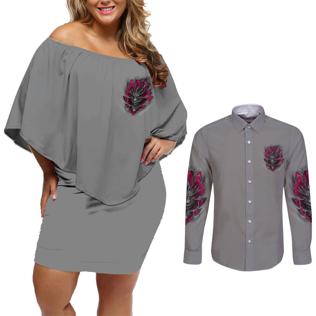 I'm Never Alone Skull Demon Couples Matching Off Shoulder Short Dress and Long Sleeve Button Shirt - Wonder Print Shop