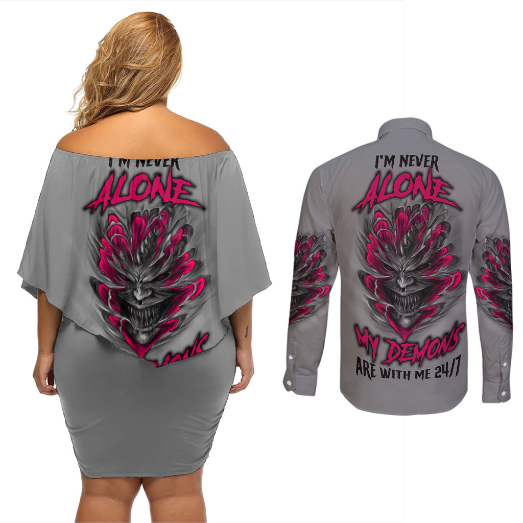 I'm Never Alone Skull Demon Couples Matching Off Shoulder Short Dress and Long Sleeve Button Shirt - Wonder Print Shop