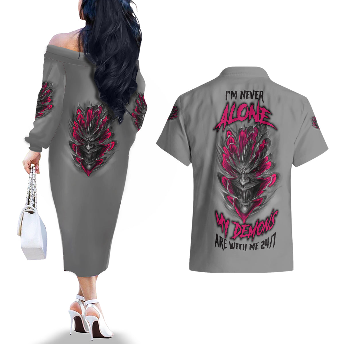 I'm Never Alone Skull Demon Couples Matching Off The Shoulder Long Sleeve Dress and Hawaiian Shirt - Wonder Print Shop