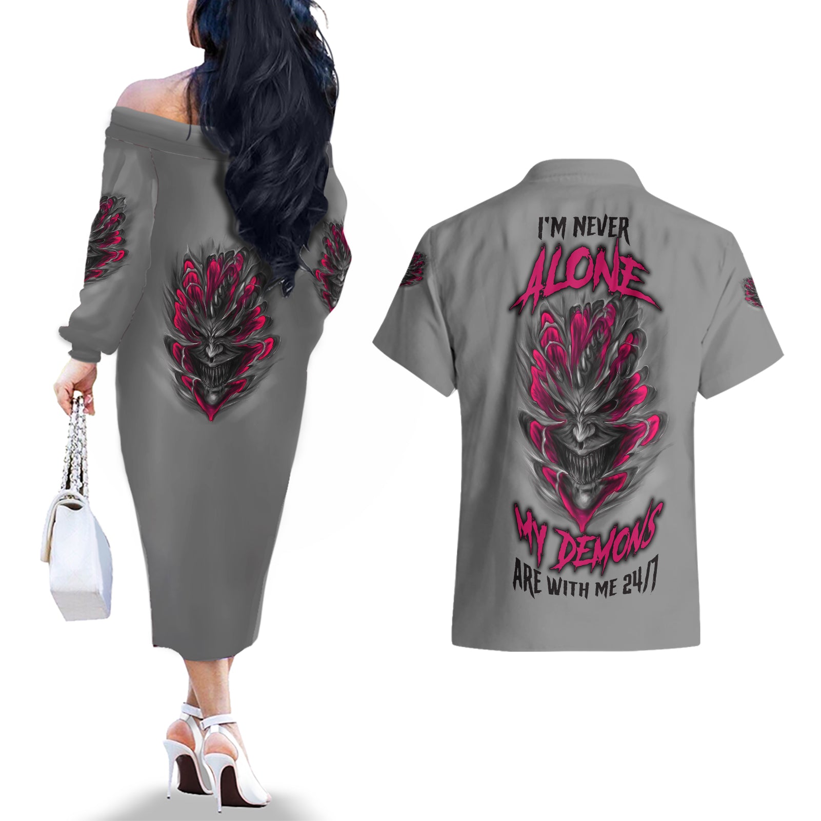 I'm Never Alone Skull Demon Couples Matching Off The Shoulder Long Sleeve Dress and Hawaiian Shirt - Wonder Print Shop