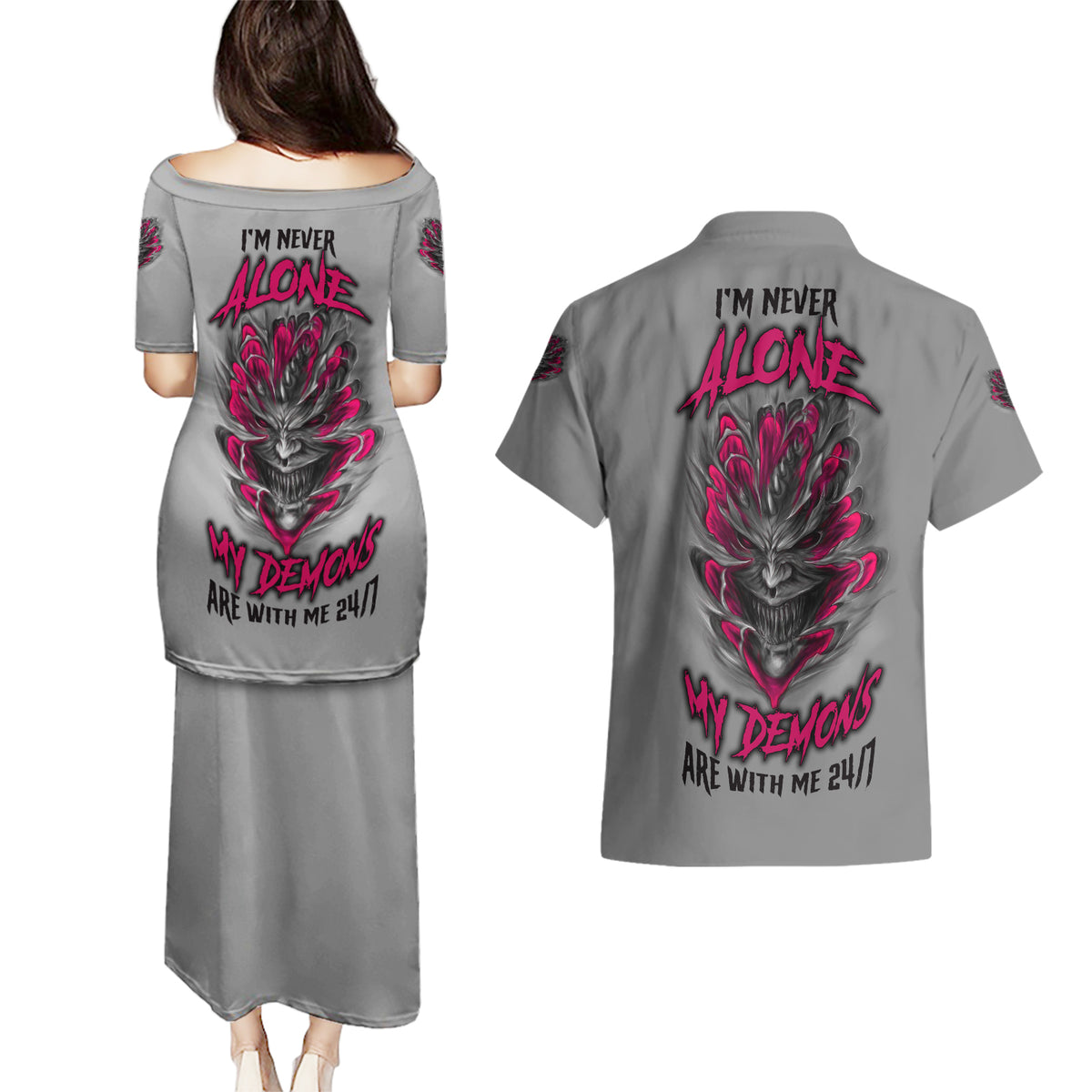 I'm Never Alone Skull Demon Couples Matching Puletasi Dress and Hawaiian Shirt - Wonder Print Shop