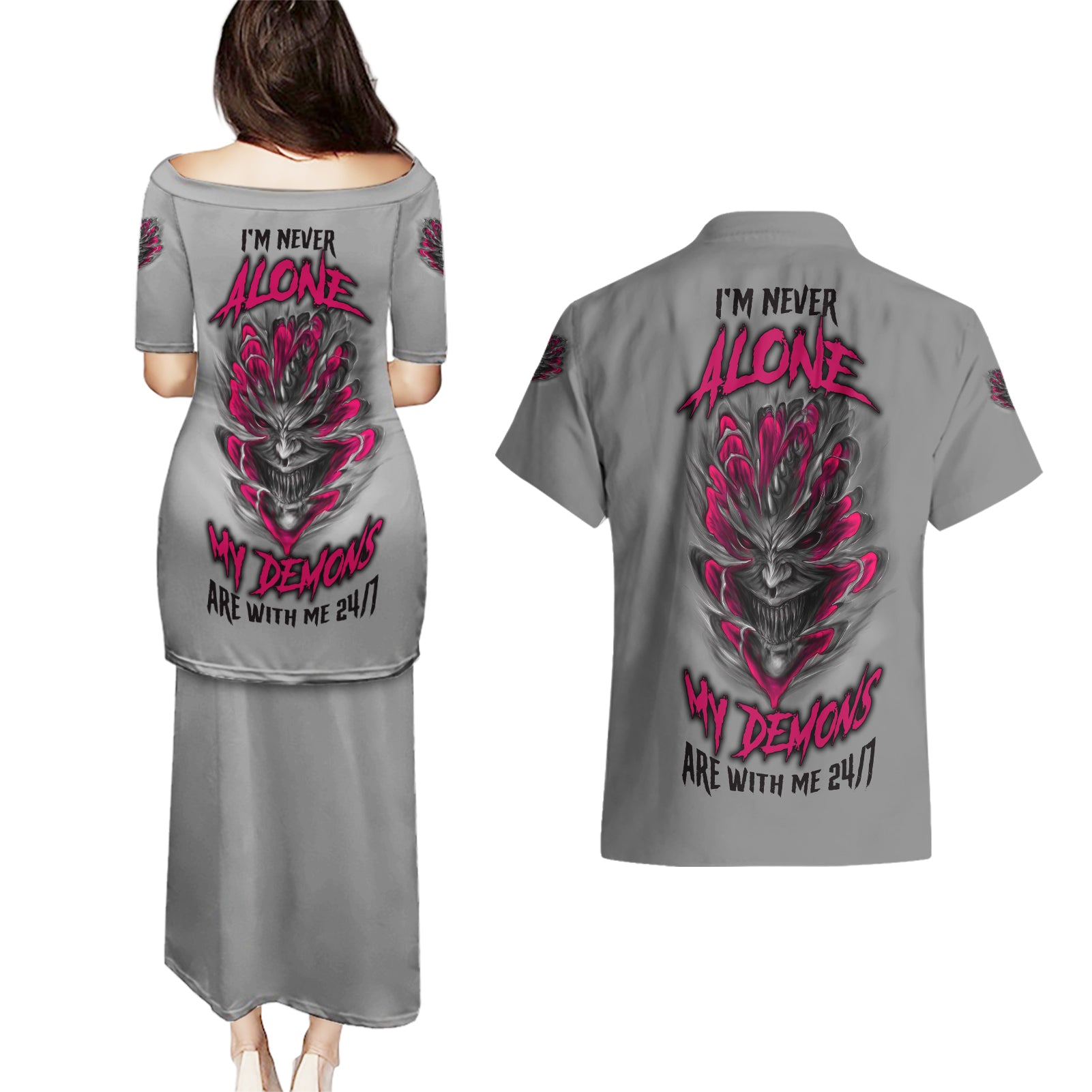 I'm Never Alone Skull Demon Couples Matching Puletasi Dress and Hawaiian Shirt - Wonder Print Shop