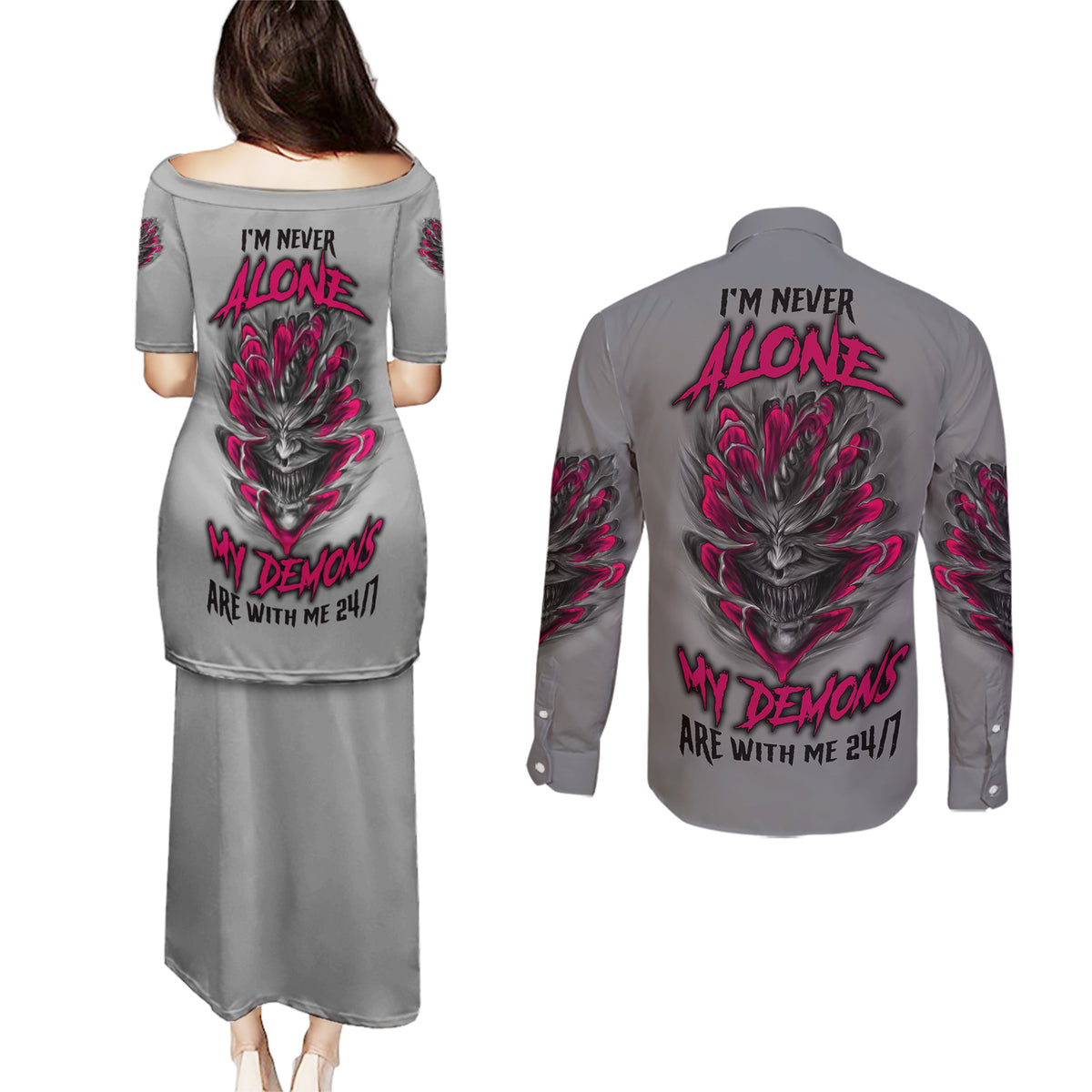 I'm Never Alone Skull Demon Couples Matching Puletasi Dress and Long Sleeve Button Shirt - Wonder Print Shop