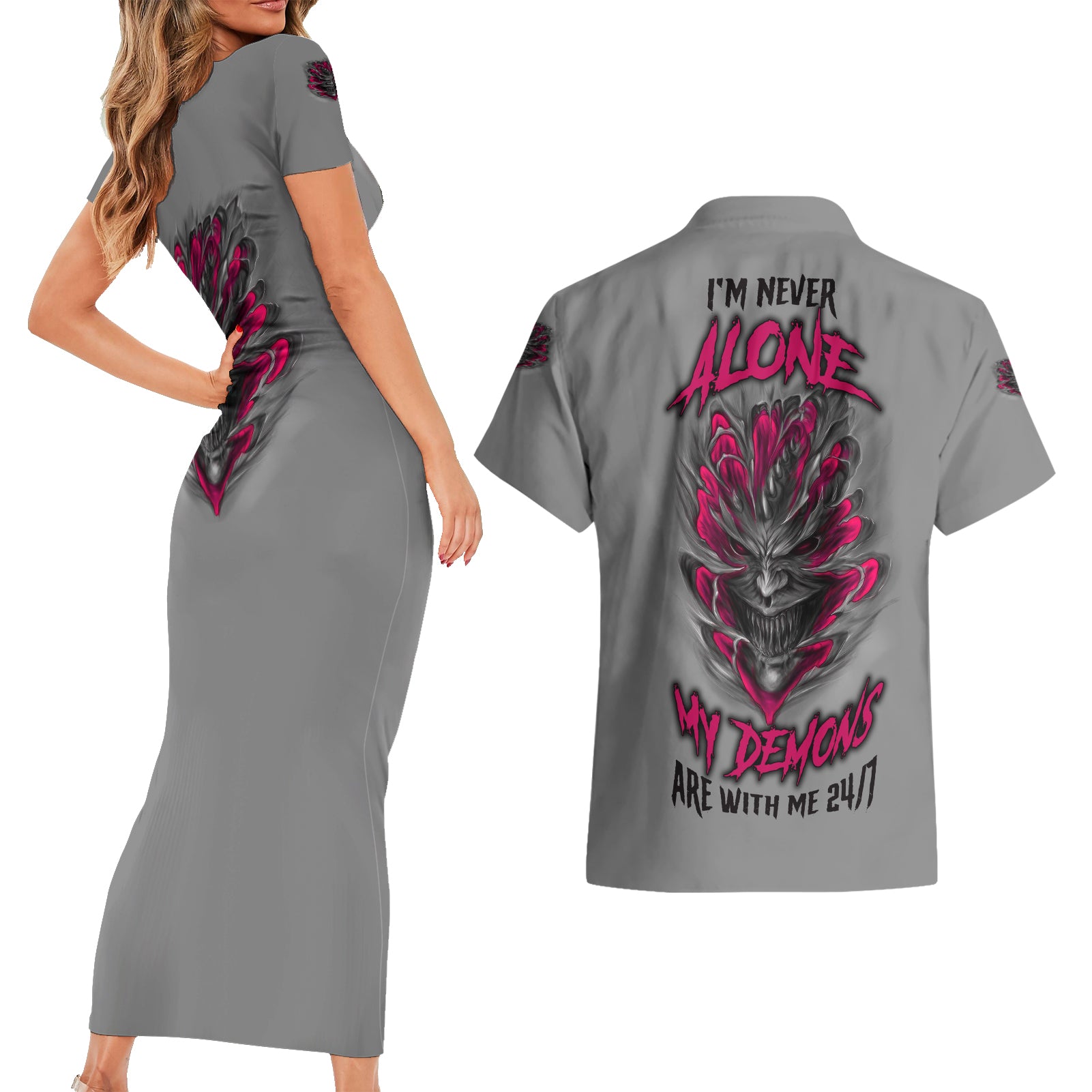 I'm Never Alone Skull Demon Couples Matching Short Sleeve Bodycon Dress and Hawaiian Shirt - Wonder Print Shop