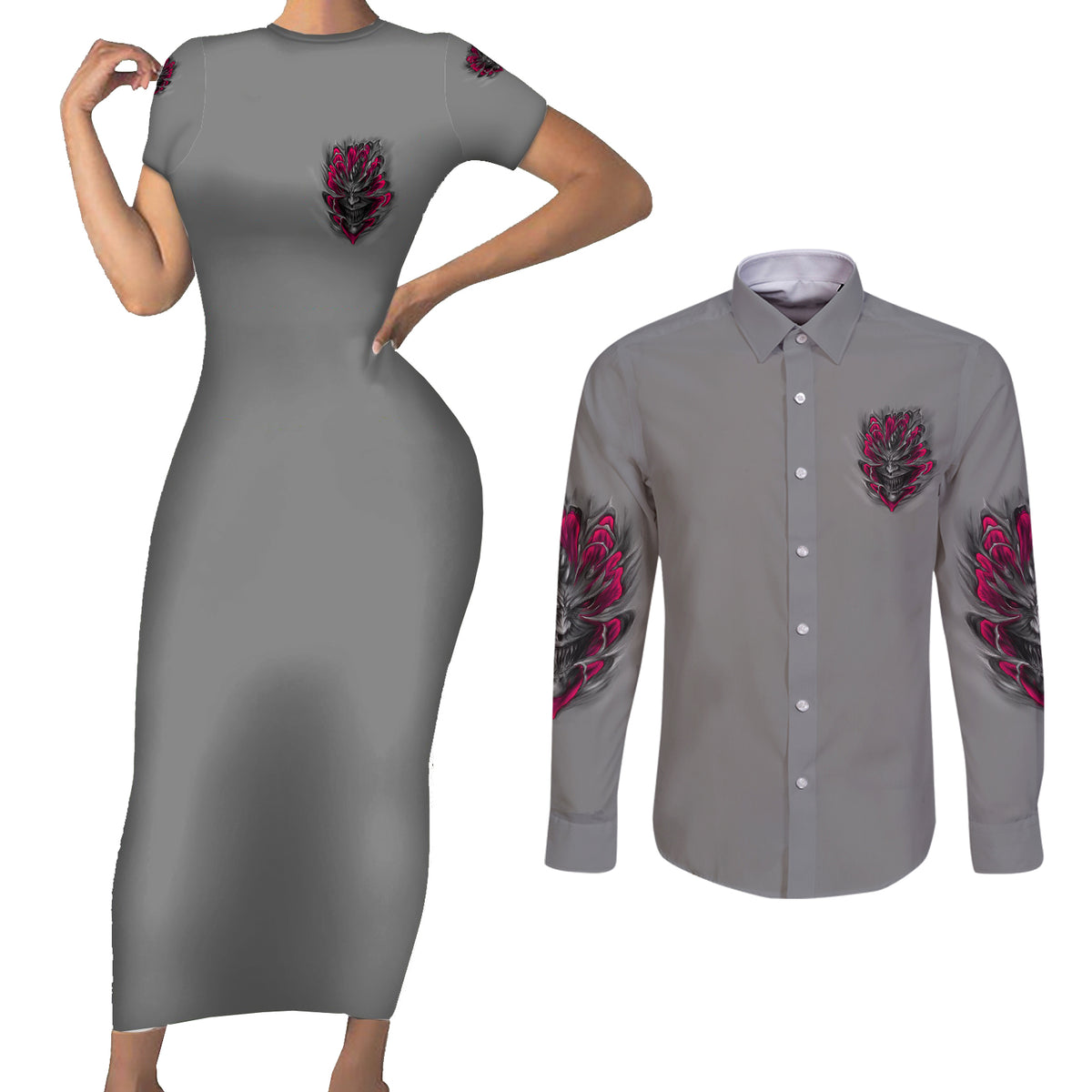 I'm Never Alone Skull Demon Couples Matching Short Sleeve Bodycon Dress and Long Sleeve Button Shirt - Wonder Print Shop