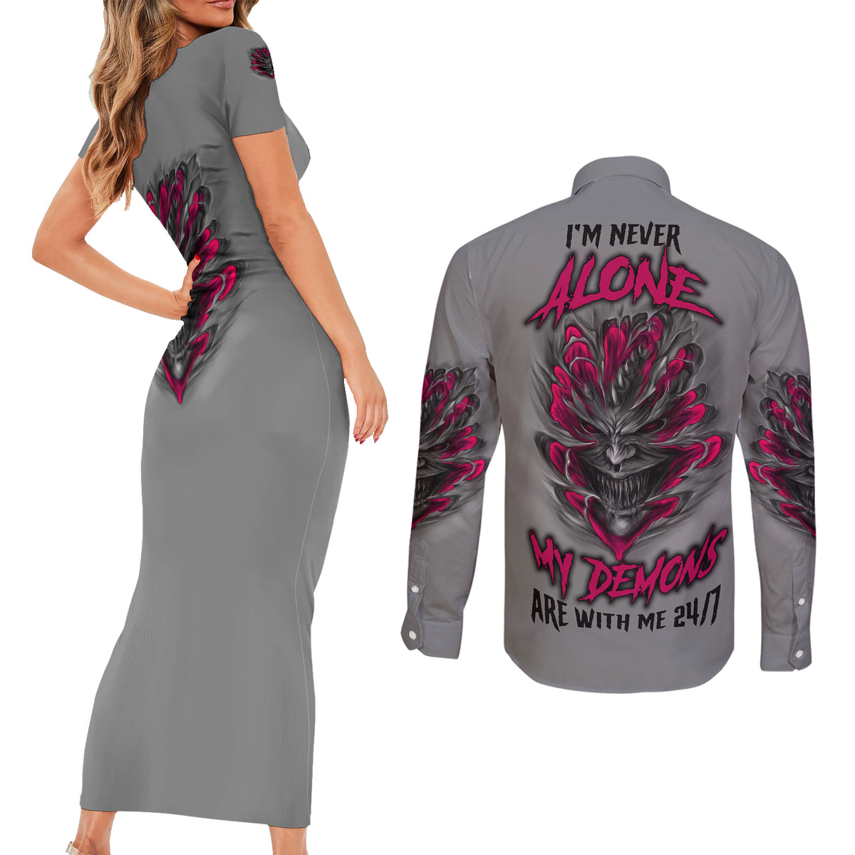 I'm Never Alone Skull Demon Couples Matching Short Sleeve Bodycon Dress and Long Sleeve Button Shirt - Wonder Print Shop