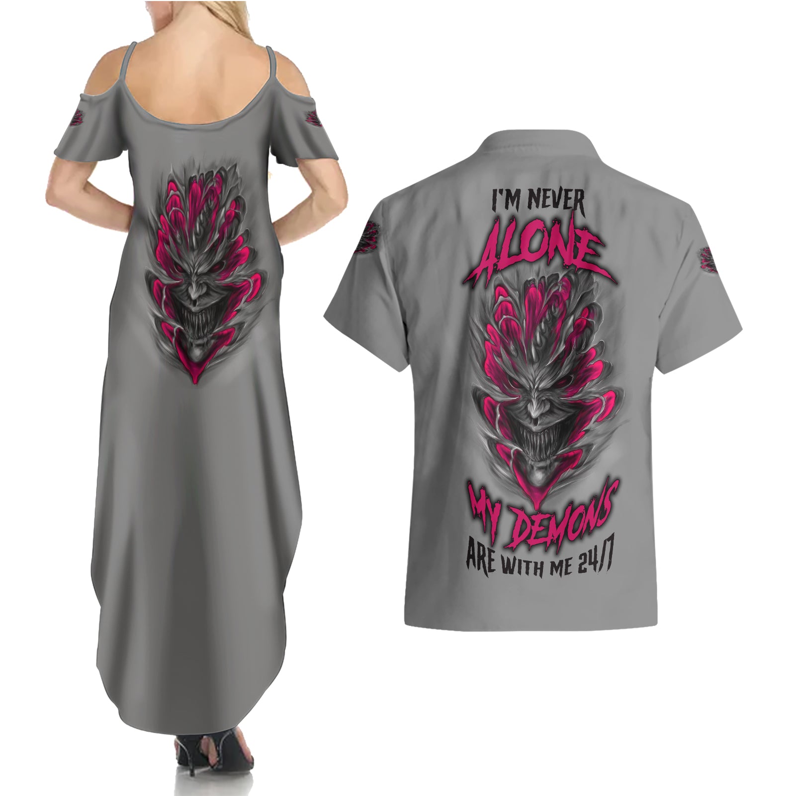 I'm Never Alone Skull Demon Couples Matching Summer Maxi Dress and Hawaiian Shirt - Wonder Print Shop