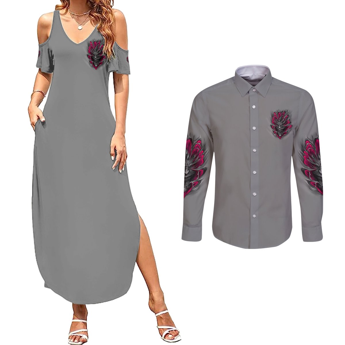 I'm Never Alone Skull Demon Couples Matching Summer Maxi Dress and Long Sleeve Button Shirt - Wonder Print Shop