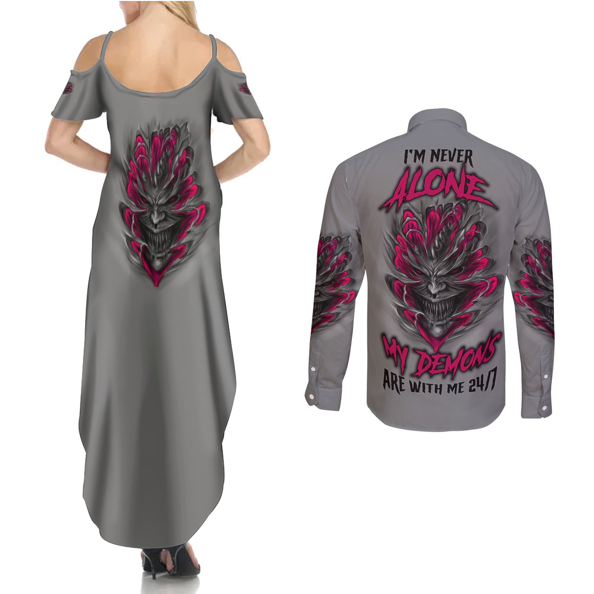 I'm Never Alone Skull Demon Couples Matching Summer Maxi Dress and Long Sleeve Button Shirt - Wonder Print Shop