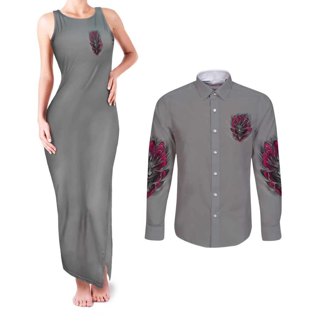 I'm Never Alone Skull Demon Couples Matching Tank Maxi Dress and Long Sleeve Button Shirt - Wonder Print Shop