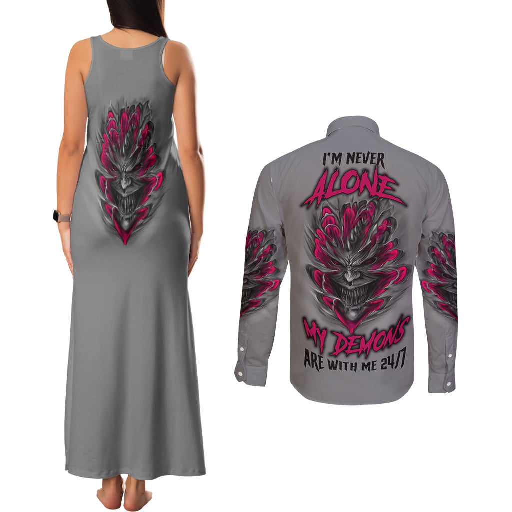 I'm Never Alone Skull Demon Couples Matching Tank Maxi Dress and Long Sleeve Button Shirt - Wonder Print Shop