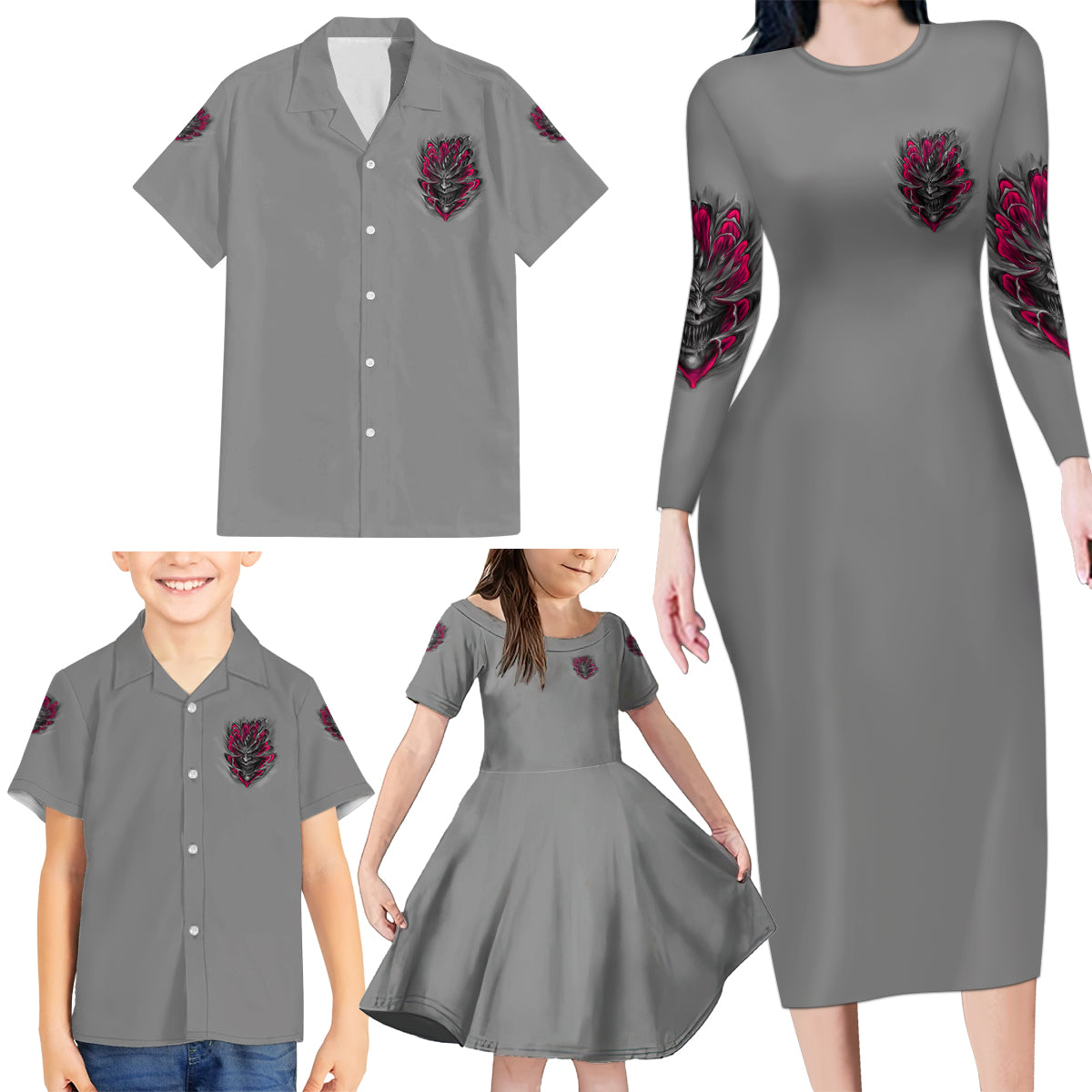 I'm Never Alone Skull Demon Family Matching Long Sleeve Bodycon Dress and Hawaiian Shirt - Wonder Print Shop