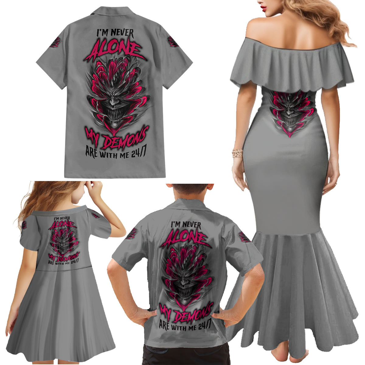 I'm Never Alone Skull Demon Family Matching Mermaid Dress and Hawaiian Shirt - Wonder Print Shop