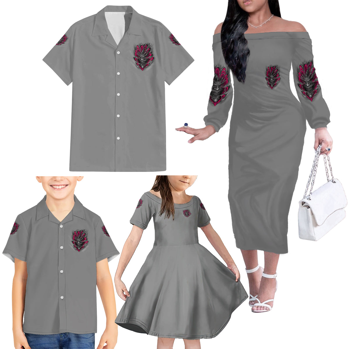 I'm Never Alone Skull Demon Family Matching Off Shoulder Long Sleeve Dress and Hawaiian Shirt - Wonder Print Shop