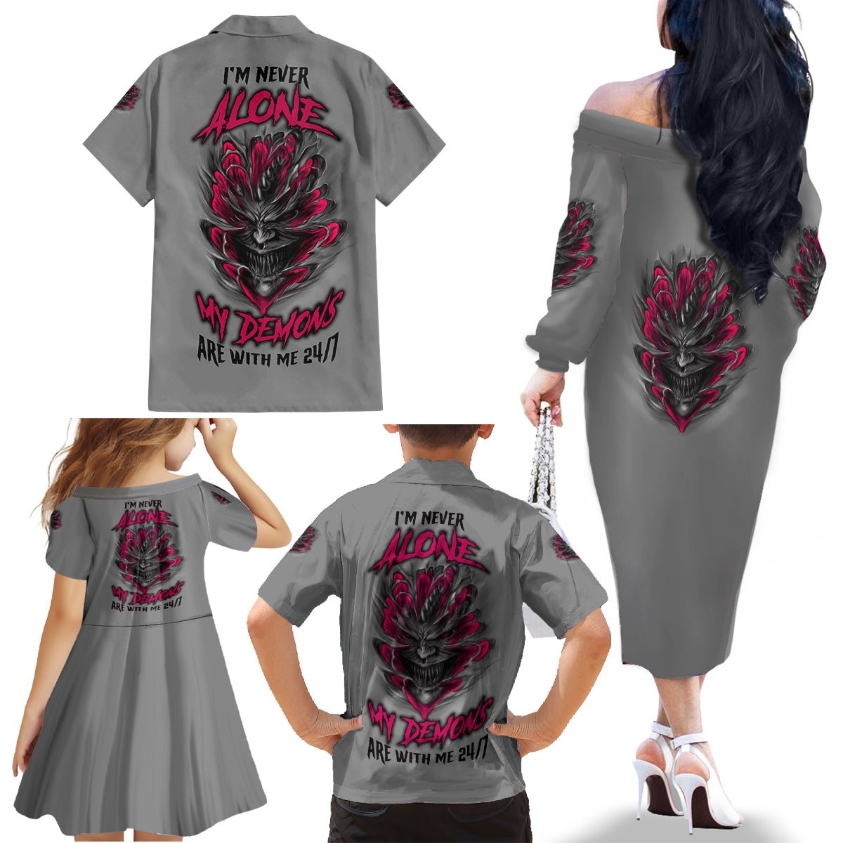 I'm Never Alone Skull Demon Family Matching Off Shoulder Long Sleeve Dress and Hawaiian Shirt - Wonder Print Shop
