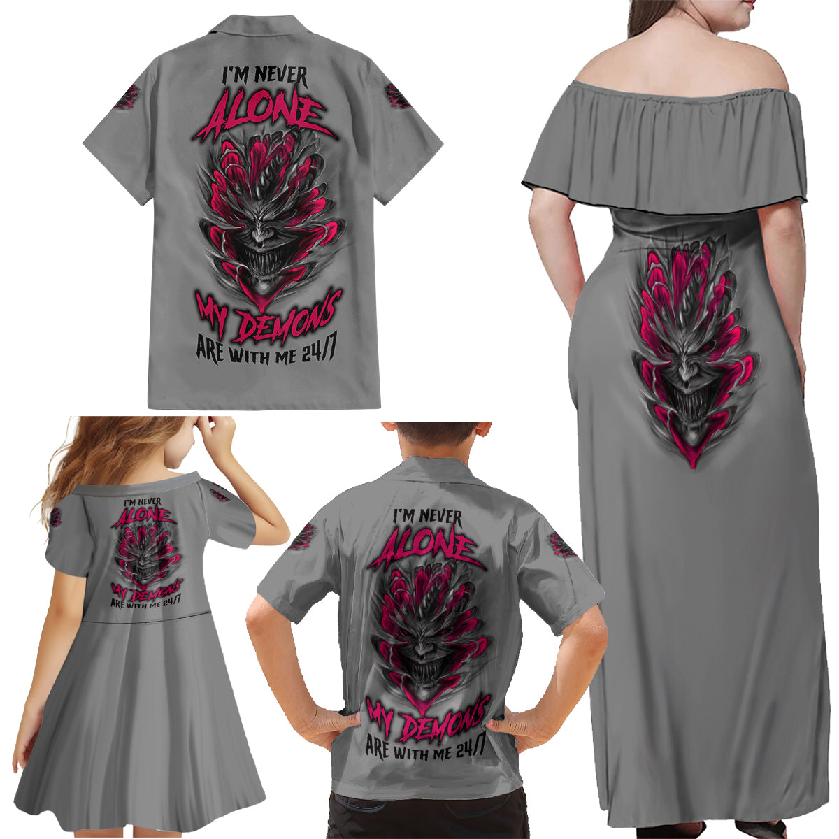 I'm Never Alone Skull Demon Family Matching Off Shoulder Maxi Dress and Hawaiian Shirt - Wonder Print Shop