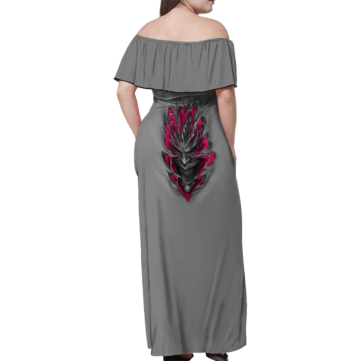 I'm Never Alone Skull Demon Family Matching Off Shoulder Maxi Dress and Hawaiian Shirt - Wonder Print Shop