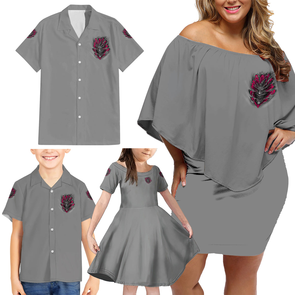 I'm Never Alone Skull Demon Family Matching Off Shoulder Short Dress and Hawaiian Shirt - Wonder Print Shop