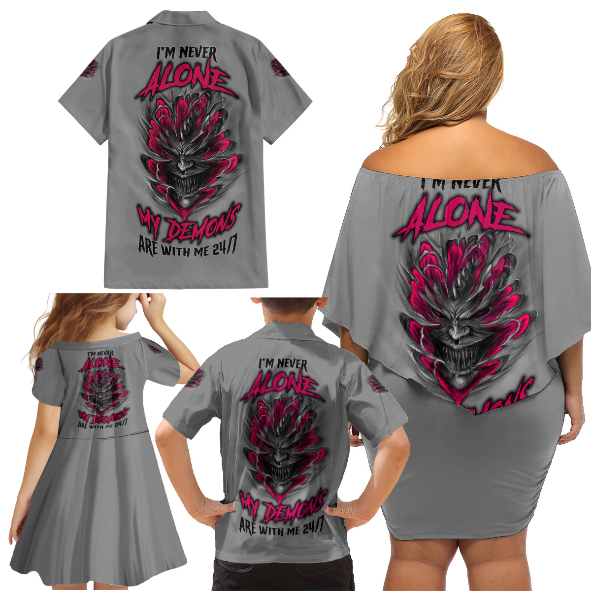 I'm Never Alone Skull Demon Family Matching Off Shoulder Short Dress and Hawaiian Shirt - Wonder Print Shop