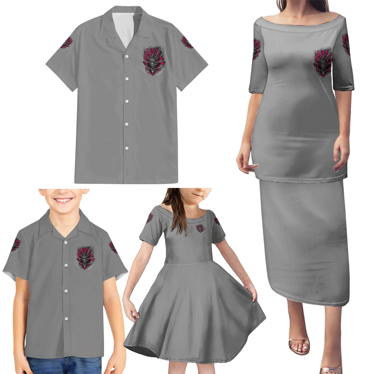 I'm Never Alone Skull Demon Family Matching Puletasi Dress and Hawaiian Shirt - Wonder Print Shop