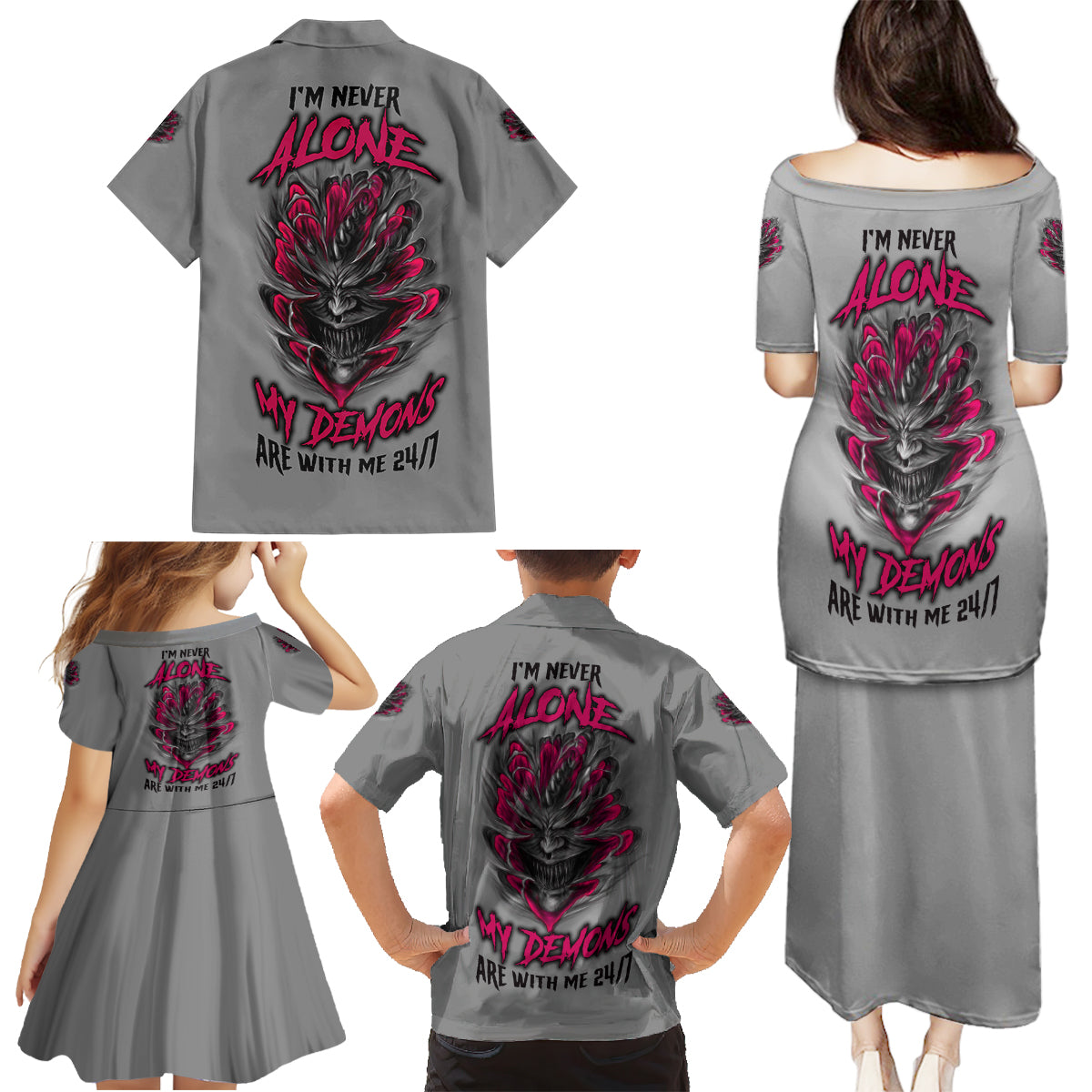 I'm Never Alone Skull Demon Family Matching Puletasi Dress and Hawaiian Shirt - Wonder Print Shop