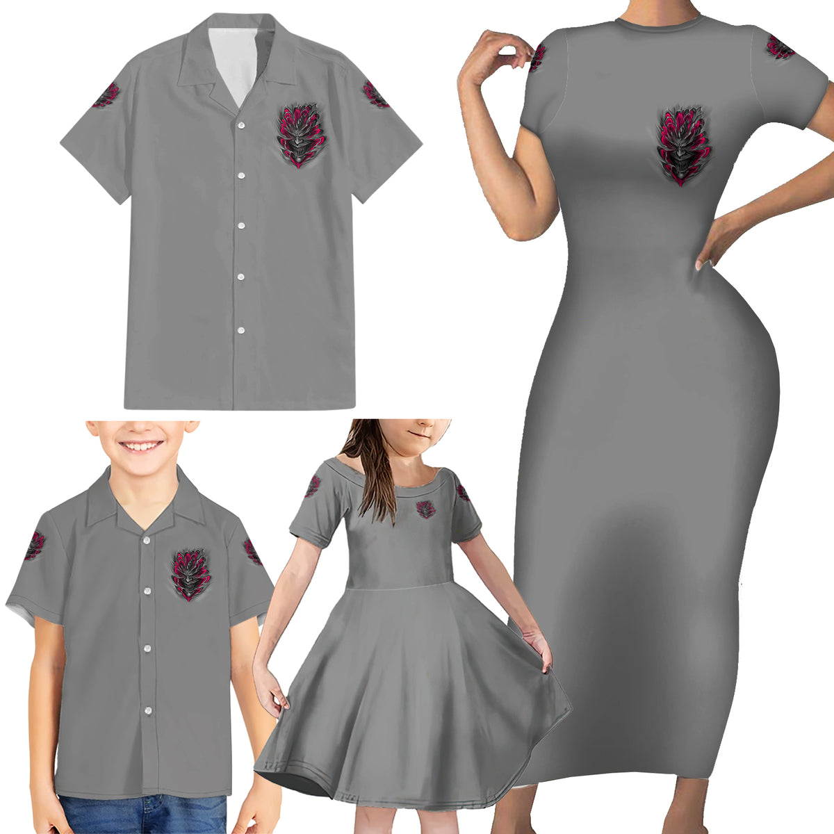 I'm Never Alone Skull Demon Family Matching Short Sleeve Bodycon Dress and Hawaiian Shirt - Wonder Print Shop