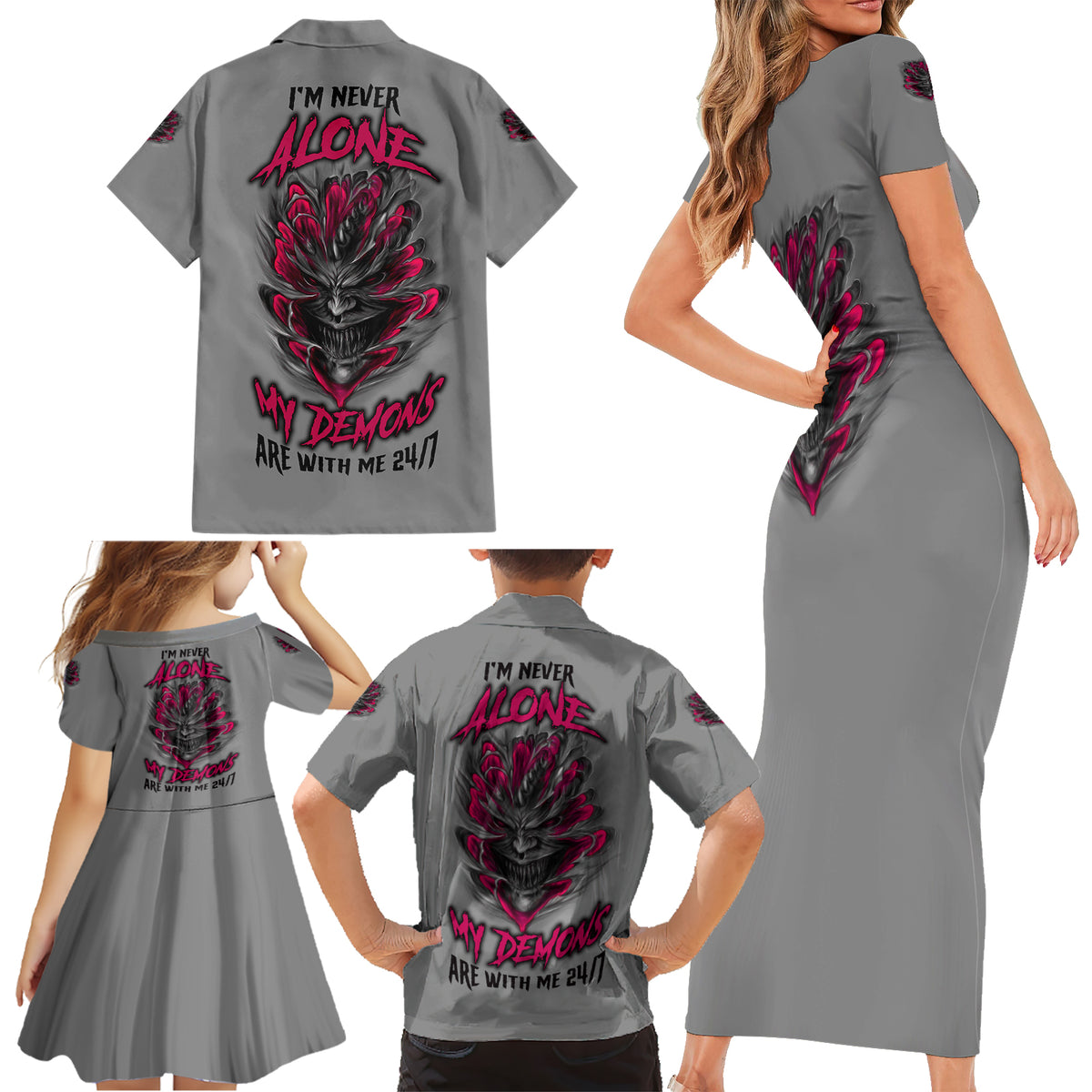 I'm Never Alone Skull Demon Family Matching Short Sleeve Bodycon Dress and Hawaiian Shirt - Wonder Print Shop