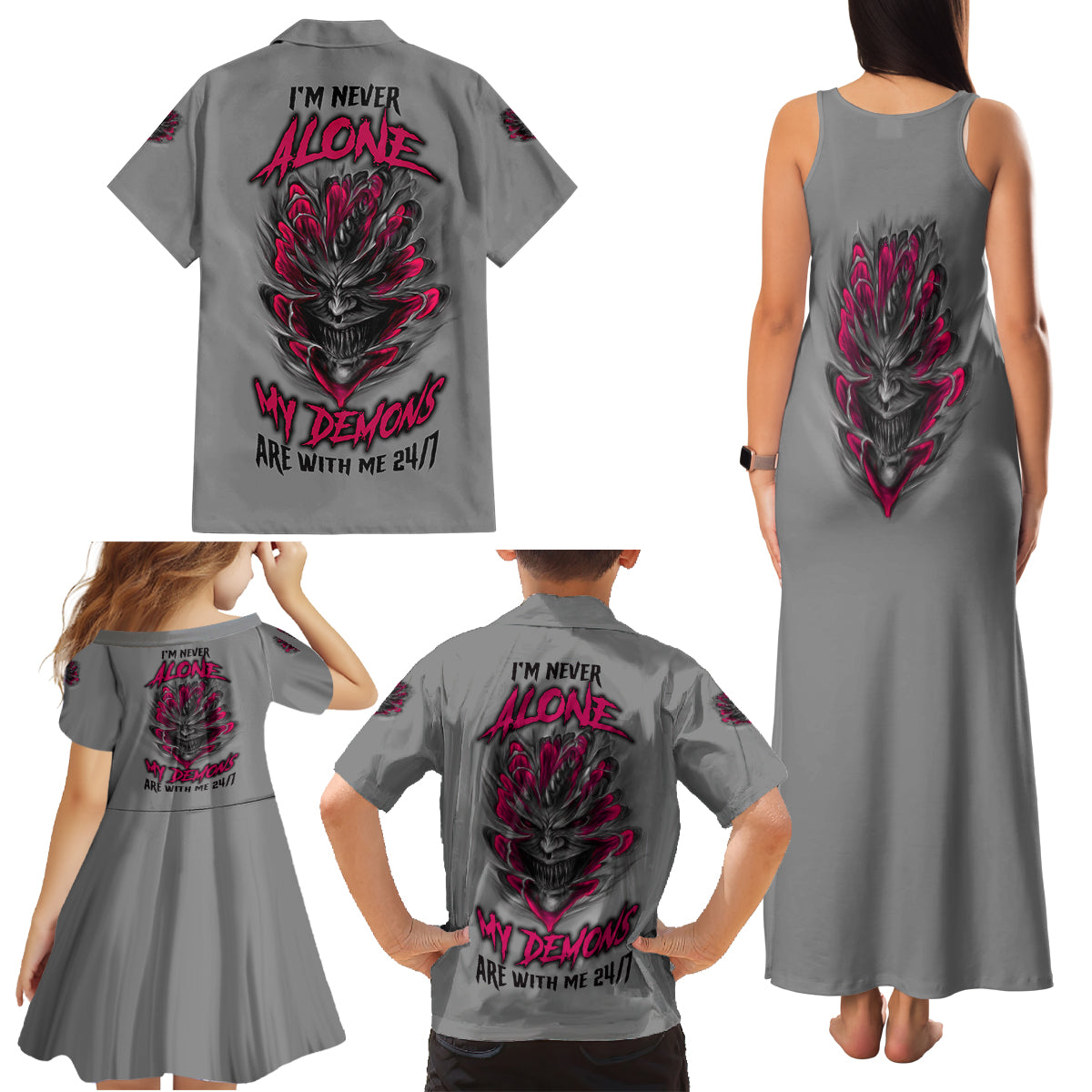 I'm Never Alone Skull Demon Family Matching Tank Maxi Dress and Hawaiian Shirt - Wonder Print Shop