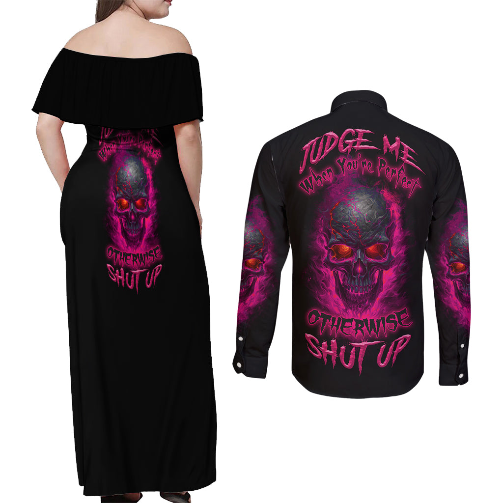 Judge Me When Yours Perfect Otherwise Shut Up Couples Matching Off Shoulder Maxi Dress and Long Sleeve Button Shirt - Wonder Print Shop