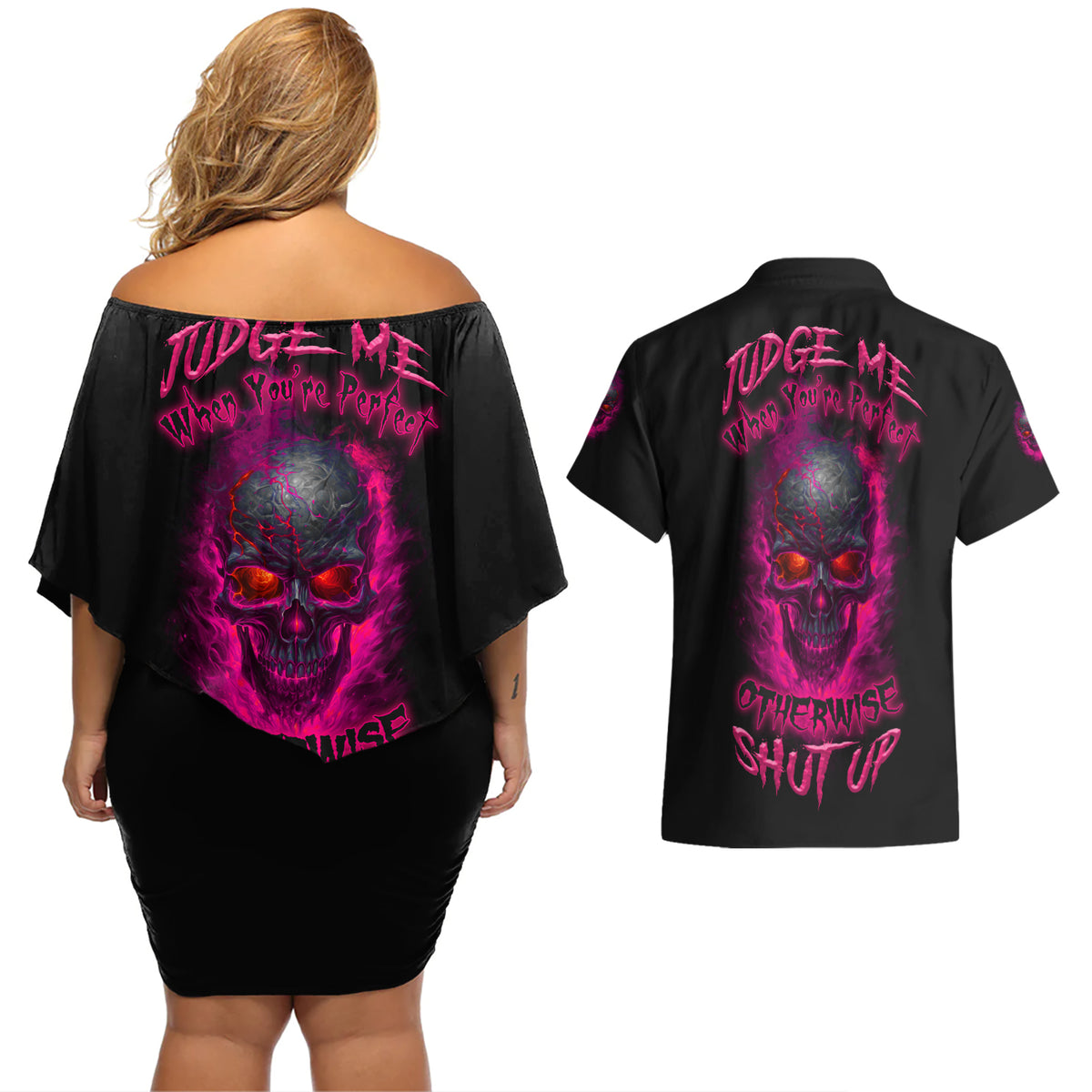 Judge Me When Yours Perfect Otherwise Shut Up Couples Matching Off Shoulder Short Dress and Hawaiian Shirt - Wonder Print Shop