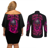 Judge Me When Yours Perfect Otherwise Shut Up Couples Matching Off Shoulder Short Dress and Long Sleeve Button Shirt - Wonder Print Shop