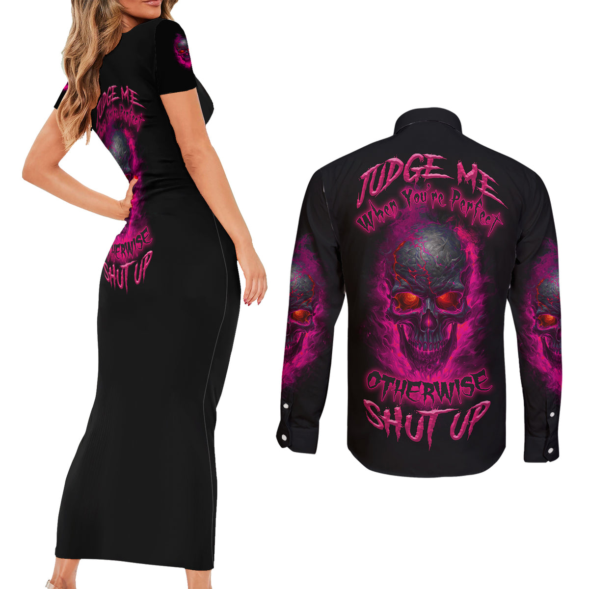 Judge Me When Yours Perfect Otherwise Shut Up Couples Matching Short Sleeve Bodycon Dress and Long Sleeve Button Shirt - Wonder Print Shop