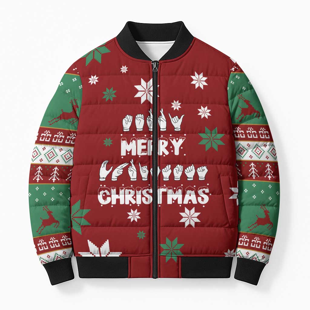 Sign Language Merry Christmas Bomber Puffer Jacket Xmas Holiday Patterns - Wonder Print Shop