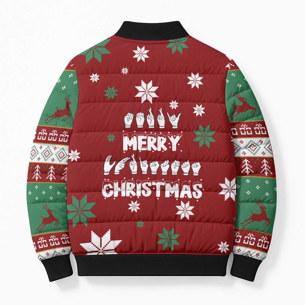 Sign Language Merry Christmas Bomber Puffer Jacket Xmas Holiday Patterns - Wonder Print Shop
