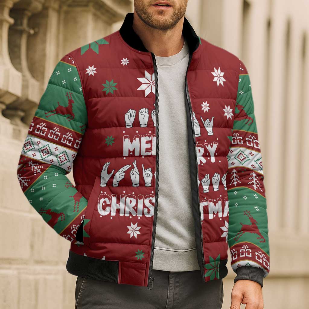 Sign Language Merry Christmas Bomber Puffer Jacket Xmas Holiday Patterns - Wonder Print Shop