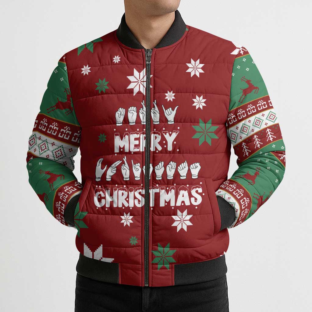 Sign Language Merry Christmas Bomber Puffer Jacket Xmas Holiday Patterns - Wonder Print Shop