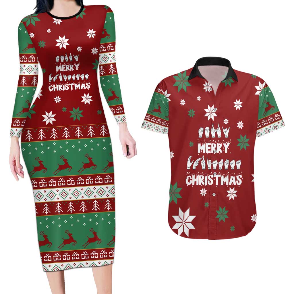 Sign Language Merry Christmas Couples Matching Long Sleeve Bodycon Dress and Hawaiian Shirt Xmas Holiday Patterns - Wonder Print Shop