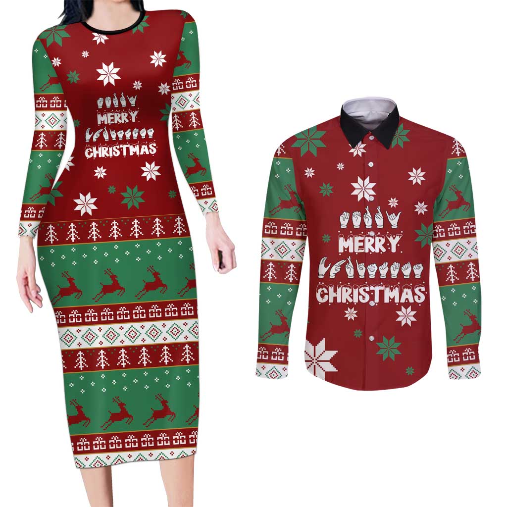 Sign Language Merry Christmas Couples Matching Long Sleeve Bodycon Dress and Long Sleeve Button Shirt Xmas Holiday Patterns - Wonder Print Shop