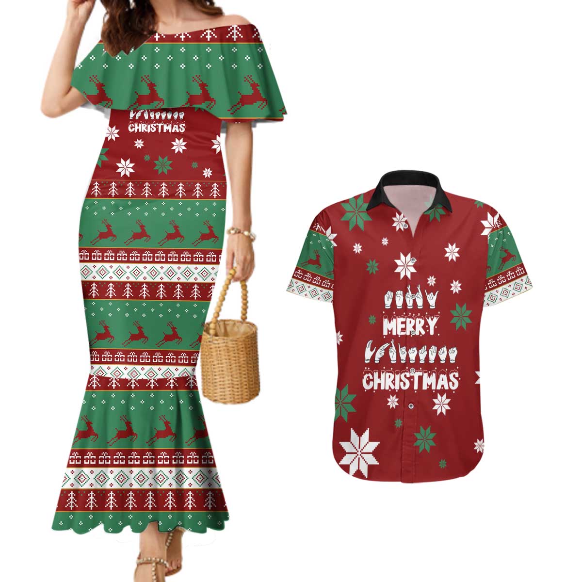 Sign Language Merry Christmas Couples Matching Mermaid Dress and Hawaiian Shirt Xmas Holiday Patterns - Wonder Print Shop